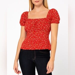 NWT Modcloth Red-Orange Ditsy Floral Print Smocked Puff Sleeve Knit Top Size XL